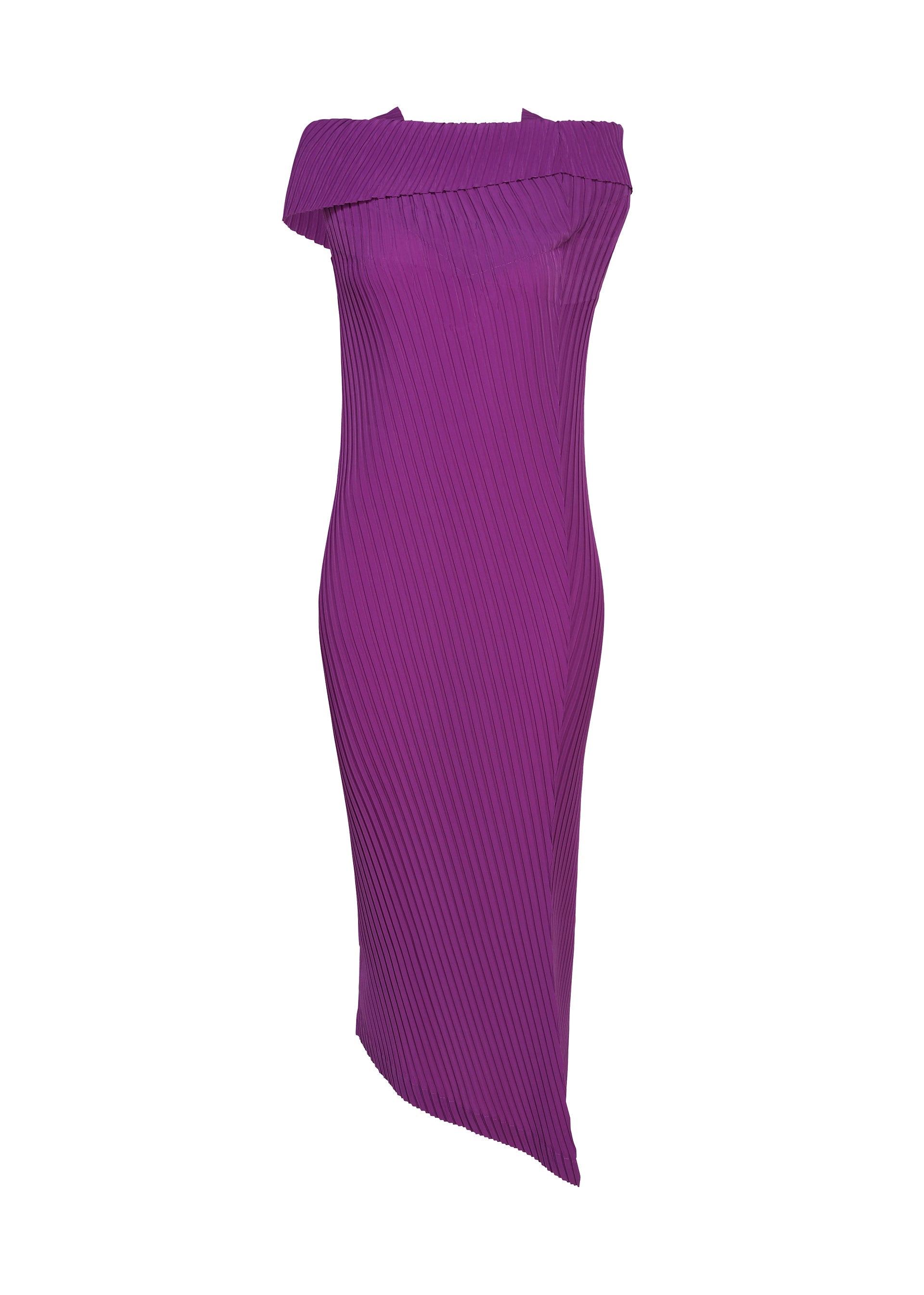 Zoomed view Introducing TUBULAR PLEATS by ISSEY MIYAKE: a sophisticated knee-length dress in rich purple, featuring an off-shoulder silhouette with diagonal box pleats and an asymmetrical hem, all expertly crafted from soft polyester crepe de chine. - PURPLE （no.81）