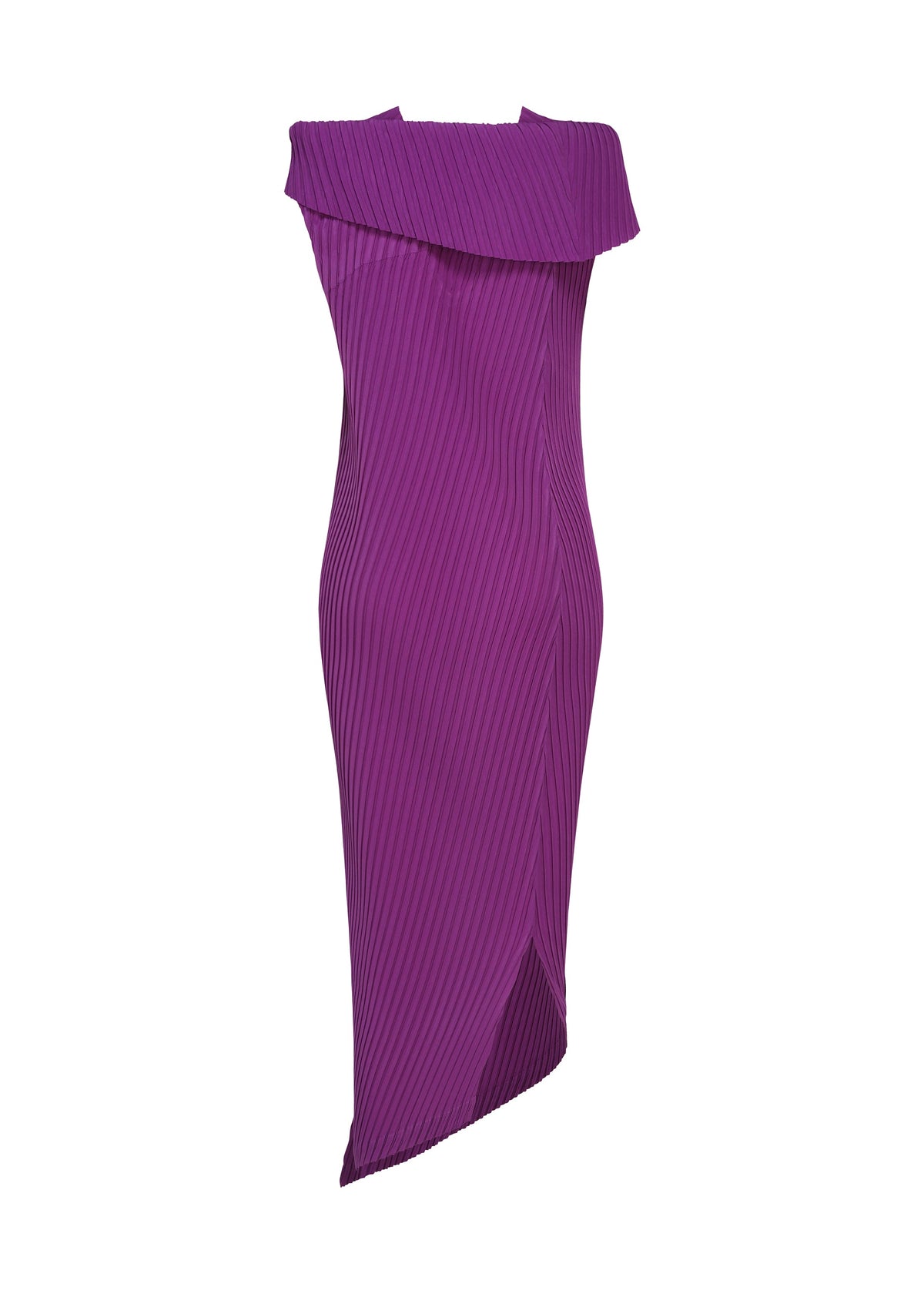The TUBULAR PLEATS dress by ISSEY MIYAKE is a sleeveless, midi-length purple piece crafted from luxurious polyester crepe de chine, featuring striking diagonal pleats, an asymmetrical hemline, and a distinctive off-the-shoulder neckline—an exceptional choice for any special occasion. view 4 of 4