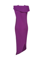 The TUBULAR PLEATS dress by ISSEY MIYAKE is a sleeveless, midi-length purple piece crafted from luxurious polyester crepe de chine, featuring striking diagonal pleats, an asymmetrical hemline, and a distinctive off-the-shoulder neckline—an exceptional choice for any special occasion.