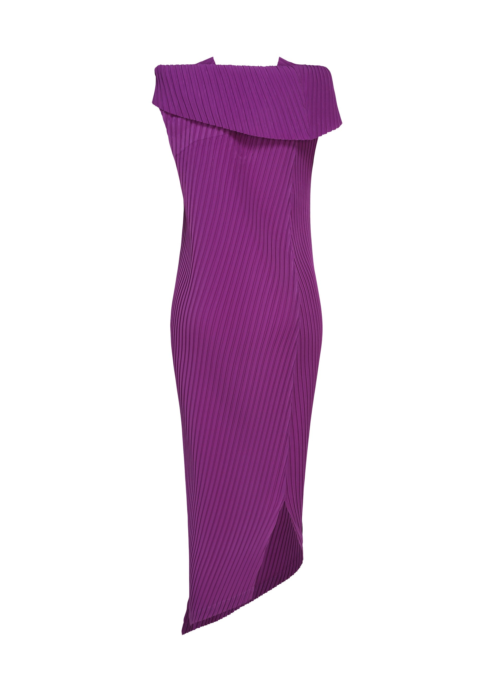 Zoomed view The TUBULAR PLEATS dress by ISSEY MIYAKE is a sleeveless, midi-length purple piece crafted from luxurious polyester crepe de chine, featuring striking diagonal pleats, an asymmetrical hemline, and a distinctive off-the-shoulder neckline—an exceptional choice for any special occasion.