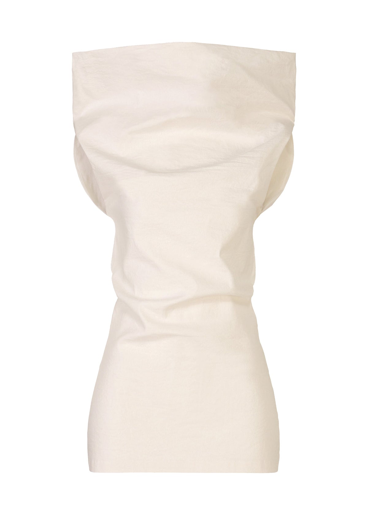 The ALLOW dress by ISSEY MIYAKE is a sleeveless, off-white piece with a fitted silhouette and sculptural bodice. Made from washi paper-blend fabric, it features a high neckline and artistic draping for a crisp, minimalist style. view 1 of 8