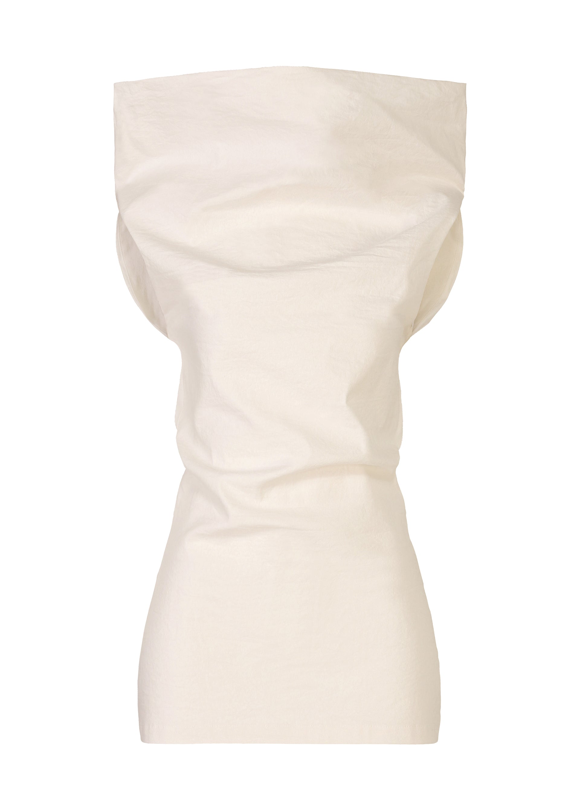Zoomed view The ALLOW dress by ISSEY MIYAKE is a sleeveless, off-white piece with a fitted silhouette and sculptural bodice. Made from washi paper-blend fabric, it features a high neckline and artistic draping for a crisp, minimalist style. - OFF-WHITE （no.02）