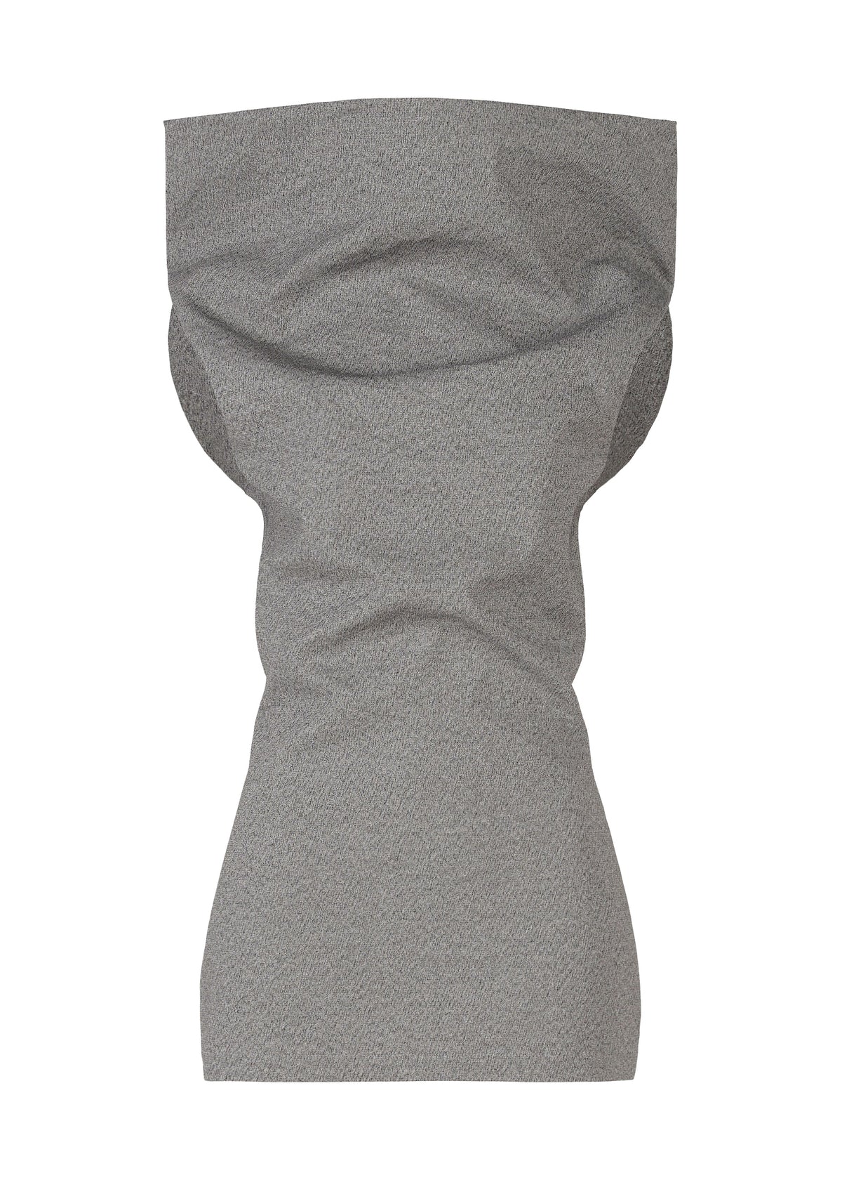 The ALLOW dress by ISSEY MIYAKE is gray with a textured washi paper-blend, featuring a sculptural, fitted silhouette with gathered folds at the waist and hips, a wide neckline, and sleeveless minimalist design against a white background. view 2 of 8