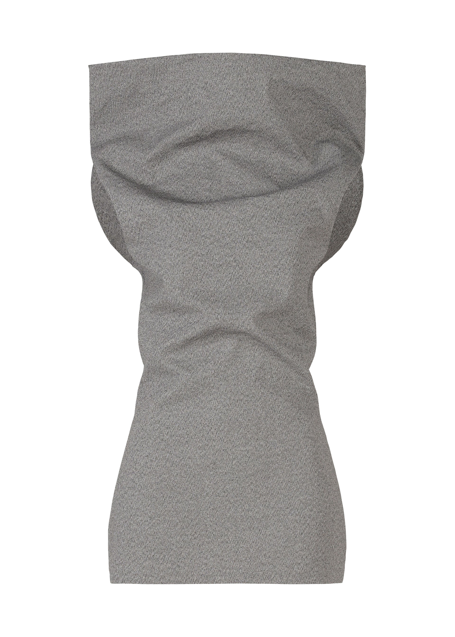 Zoomed view The ALLOW dress by ISSEY MIYAKE is gray with a textured washi paper-blend, featuring a sculptural, fitted silhouette with gathered folds at the waist and hips, a wide neckline, and sleeveless minimalist design against a white background. - GRAY （no.12）