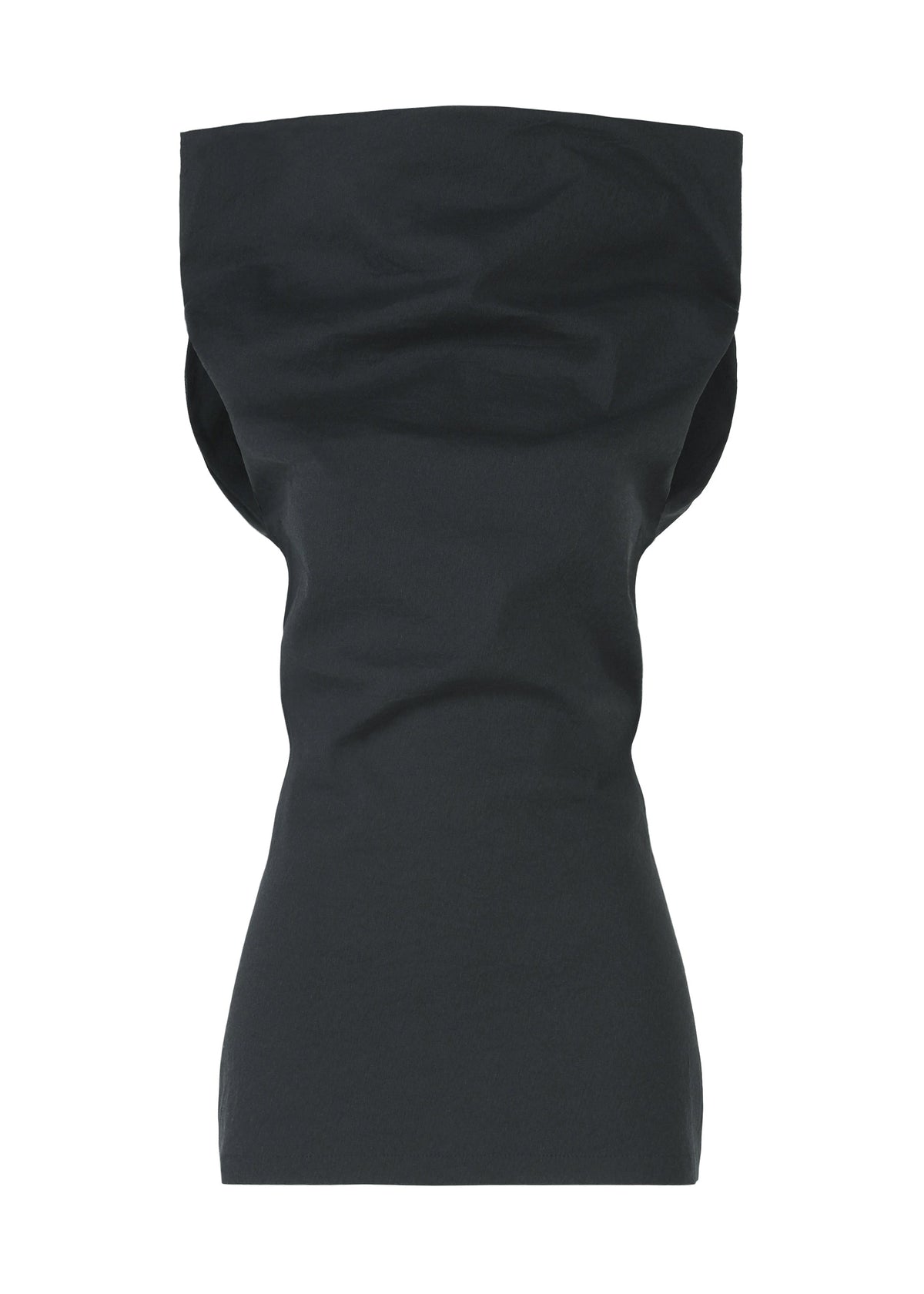 The ALLOW top by ISSEY MIYAKE is a black, sleeveless minimalist piece with a high, wide neckline and fitted waist. Made from washi paper-blend fabric, it appears crisp with subtle folds and is shown against a white background. view 3 of 8