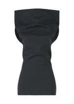 The ALLOW top by ISSEY MIYAKE is a black, sleeveless minimalist piece with a high, wide neckline and fitted waist. Made from washi paper-blend fabric, it appears crisp with subtle folds and is shown against a white background. - DARK NAVY （no.78）