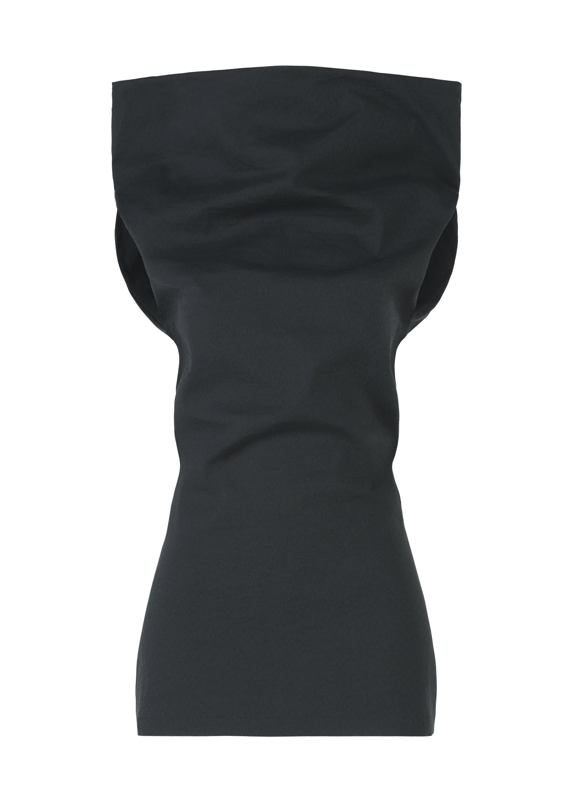 Zoomed view The ALLOW top by ISSEY MIYAKE is a black, sleeveless minimalist piece with a high, wide neckline and fitted waist. Made from washi paper-blend fabric, it appears crisp with subtle folds and is shown against a white background. - DARK NAVY （no.78）