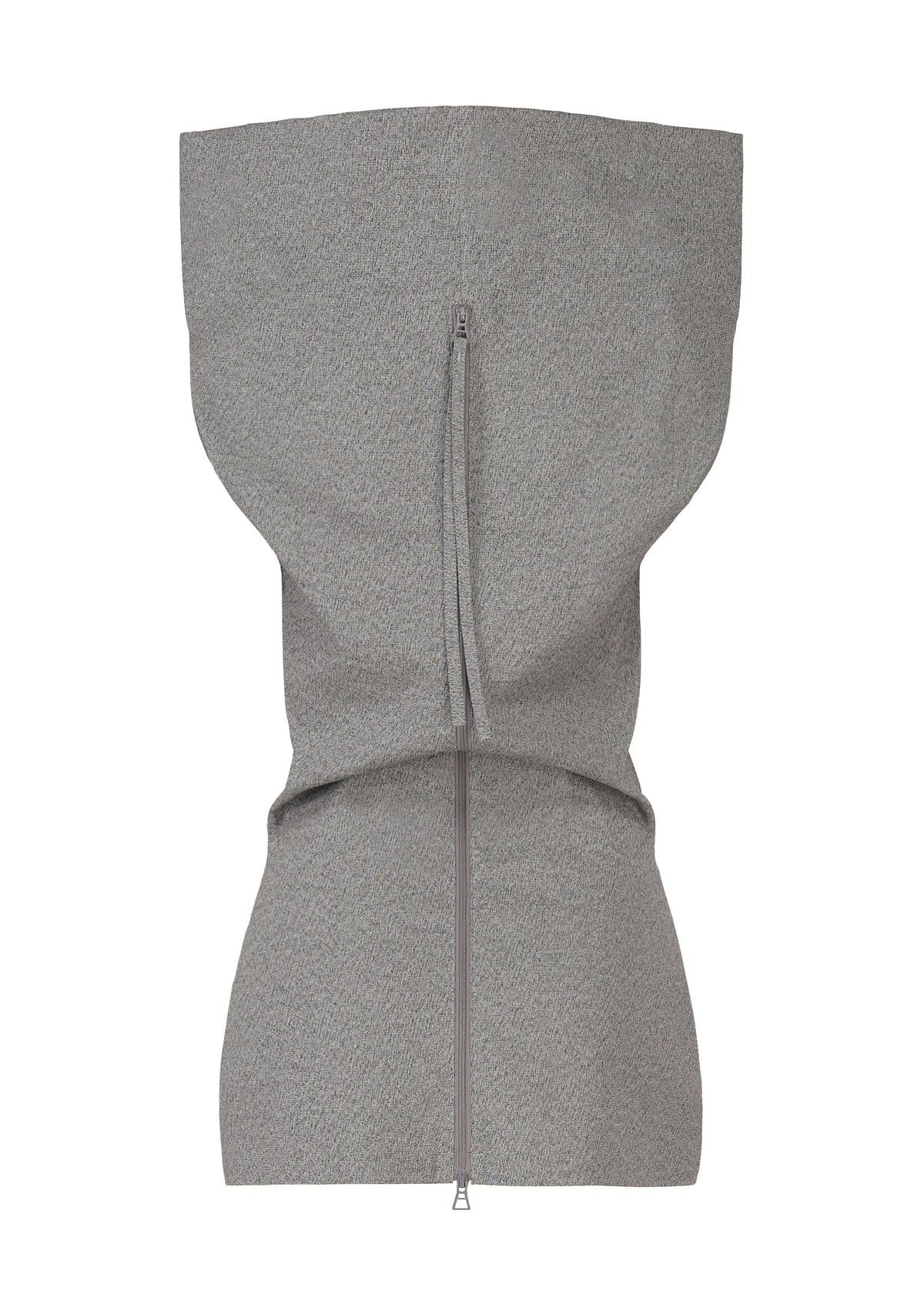 The ISSEY MIYAKE ALLOW is a gray washi paper-blend top with a vertical back zipper, large structured hood or collar, and form-fitting lower section—a unique minimalist garment. view 4 of 8