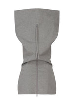 The ISSEY MIYAKE ALLOW is a gray washi paper-blend top with a vertical back zipper, large structured hood or collar, and form-fitting lower section—a unique minimalist garment.