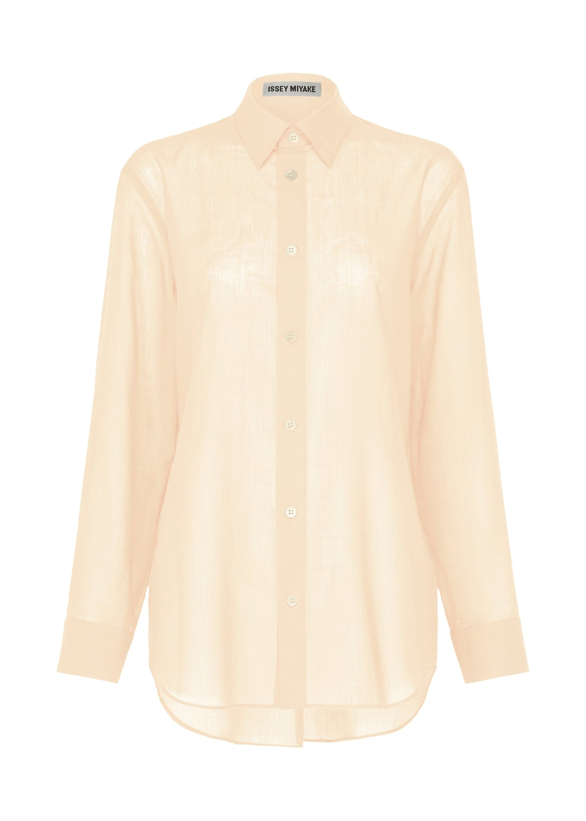 ISSEY MIYAKE SHEER WOOL: A long-sleeved, elegant sheer shirt in light beige with a classic collar and relaxed fit, crafted from a soft wool blend, displayed against a white background. view 1 of 7