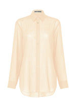 ISSEY MIYAKE SHEER WOOL: A long-sleeved, elegant sheer shirt in light beige with a classic collar and relaxed fit, crafted from a soft wool blend, displayed against a white background. - OFF-WHITE （no.02）
