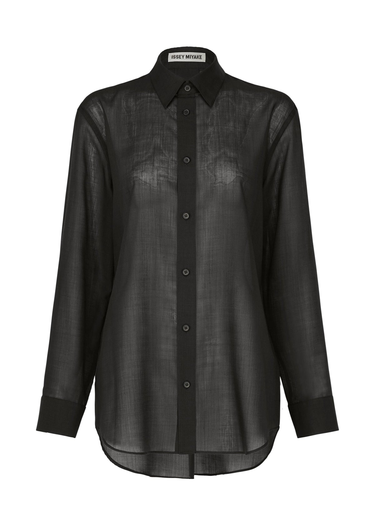 The SHEER WOOL by ISSEY MIYAKE is a black, long-sleeve sheer shirt with a collar, cuffs, button-up front, straight relaxed fit, curved hem, and an inner designer label for a touch of refinement. view 2 of 7