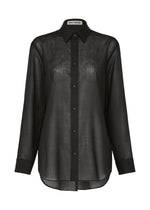 The SHEER WOOL by ISSEY MIYAKE is a black, long-sleeve sheer shirt with a collar, cuffs, button-up front, straight relaxed fit, curved hem, and an inner designer label for a touch of refinement. - BLACK （no.15）