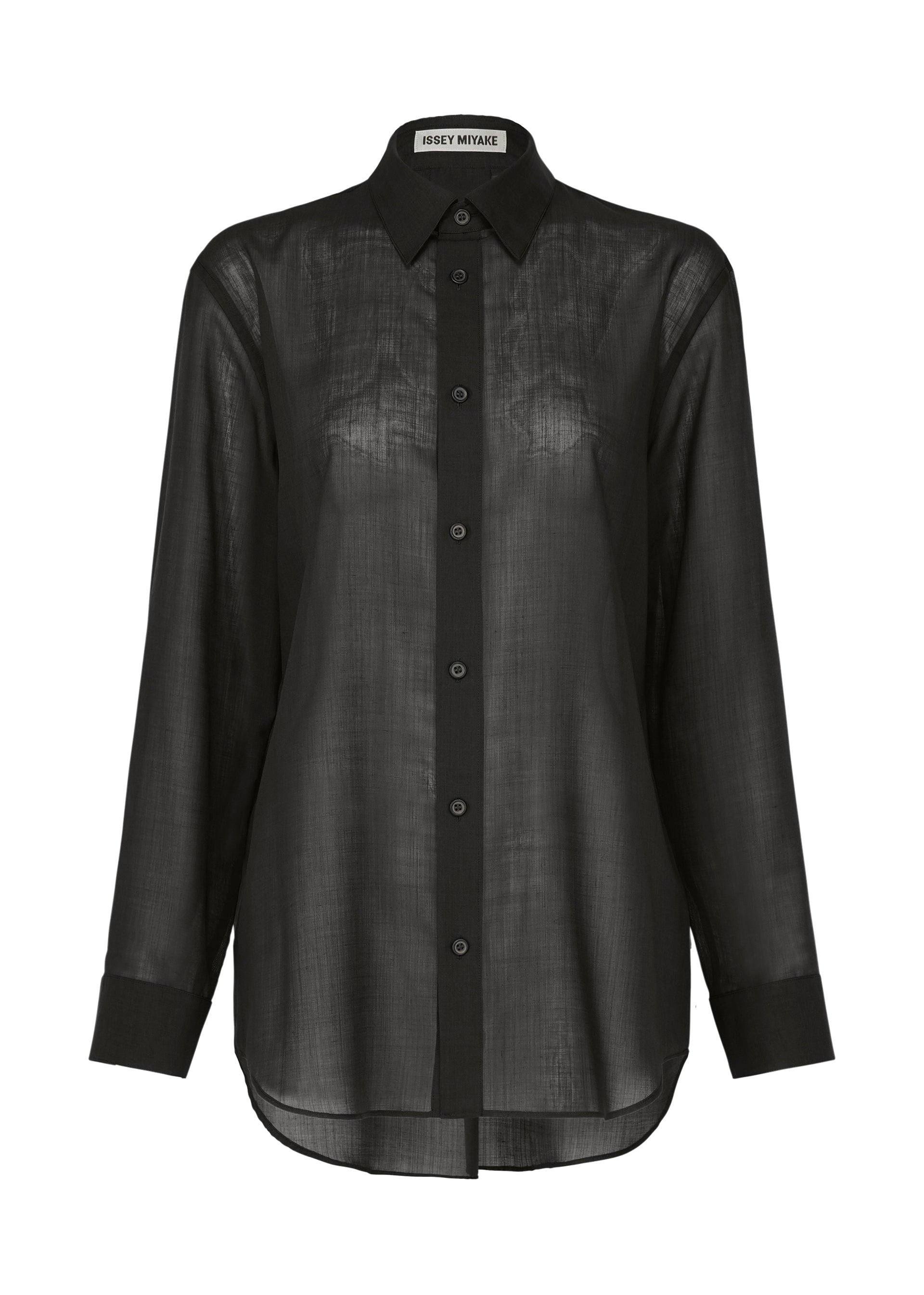 Zoomed view The SHEER WOOL by ISSEY MIYAKE is a black, long-sleeve sheer shirt with a collar, cuffs, button-up front, straight relaxed fit, curved hem, and an inner designer label for a touch of refinement. - BLACK （no.15）