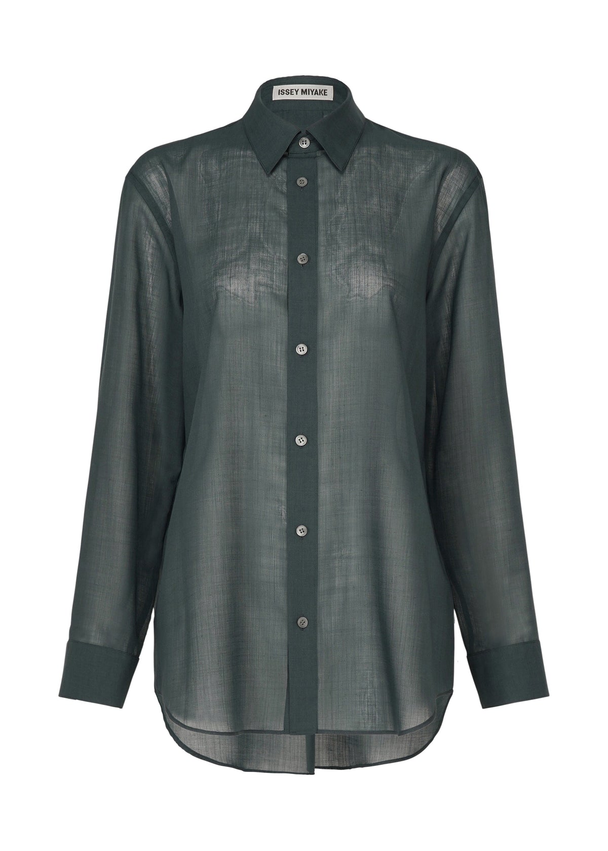 Dark green SHEER WOOL shirt by ISSEY MIYAKE featuring long sleeves, pointed collar, front buttons, cuffed sleeves, and a lightweight sheer fabric. The inner label reads ISSEY MIYAKE. view 3 of 7