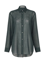Dark green SHEER WOOL shirt by ISSEY MIYAKE featuring long sleeves, pointed collar, front buttons, cuffed sleeves, and a lightweight sheer fabric. The inner label reads ISSEY MIYAKE. - DARK NAVY （no.78）