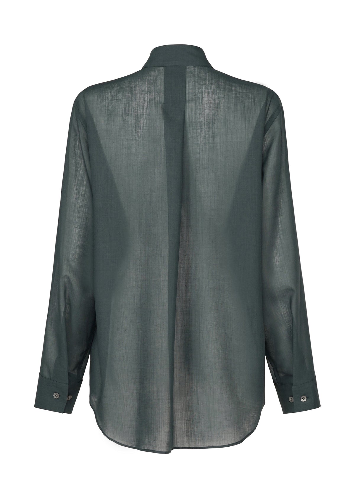 The SHEER WOOL shirt by ISSEY MIYAKE is an elegant dark green, long-sleeve sheer top shown from the back, with a curved hem, center back seam, and buttoned cuffs. view 4 of 7