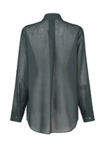 The SHEER WOOL shirt by ISSEY MIYAKE is an elegant dark green, long-sleeve sheer top shown from the back, with a curved hem, center back seam, and buttoned cuffs.