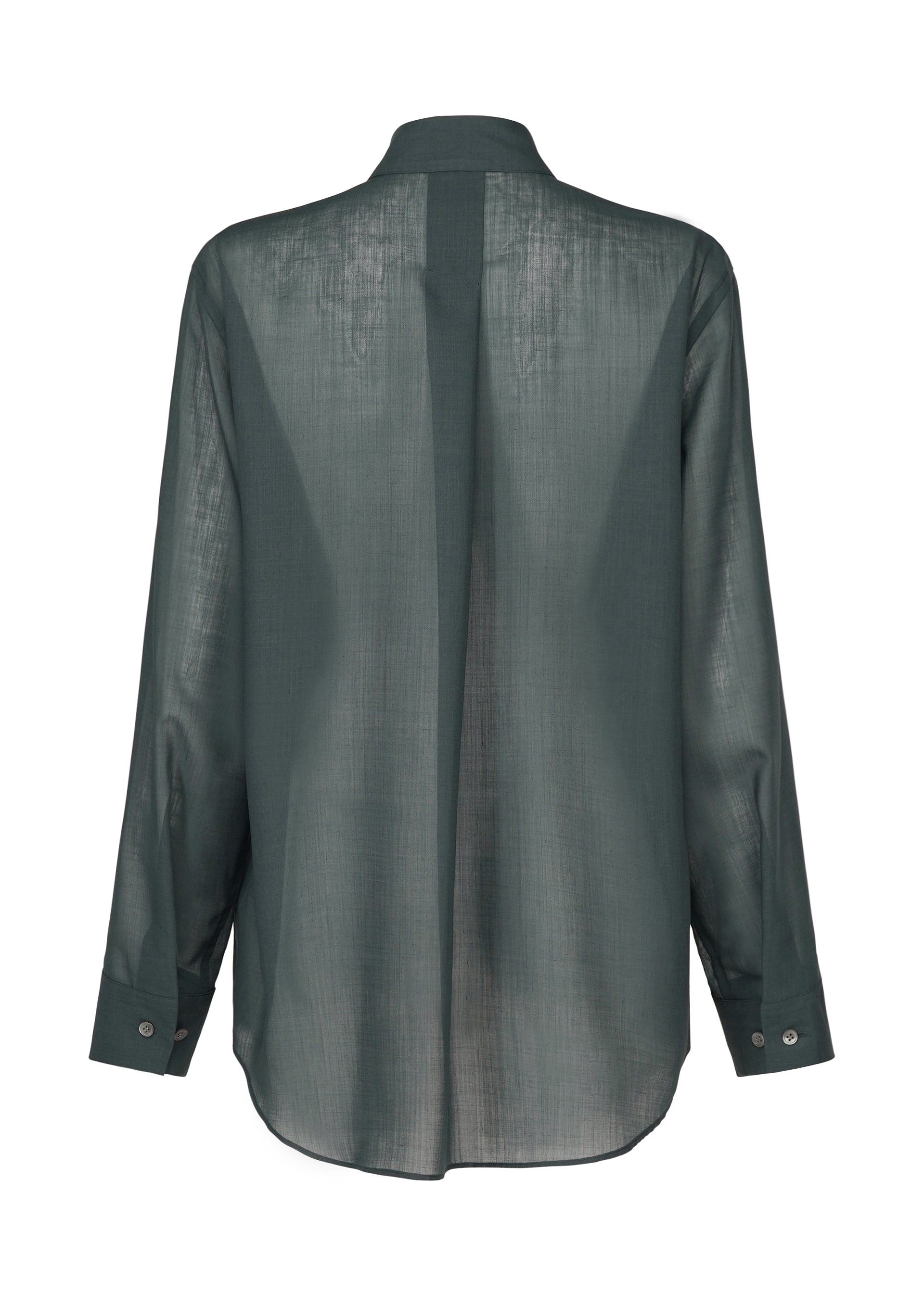 Zoomed view The SHEER WOOL shirt by ISSEY MIYAKE is an elegant dark green, long-sleeve sheer top shown from the back, with a curved hem, center back seam, and buttoned cuffs.