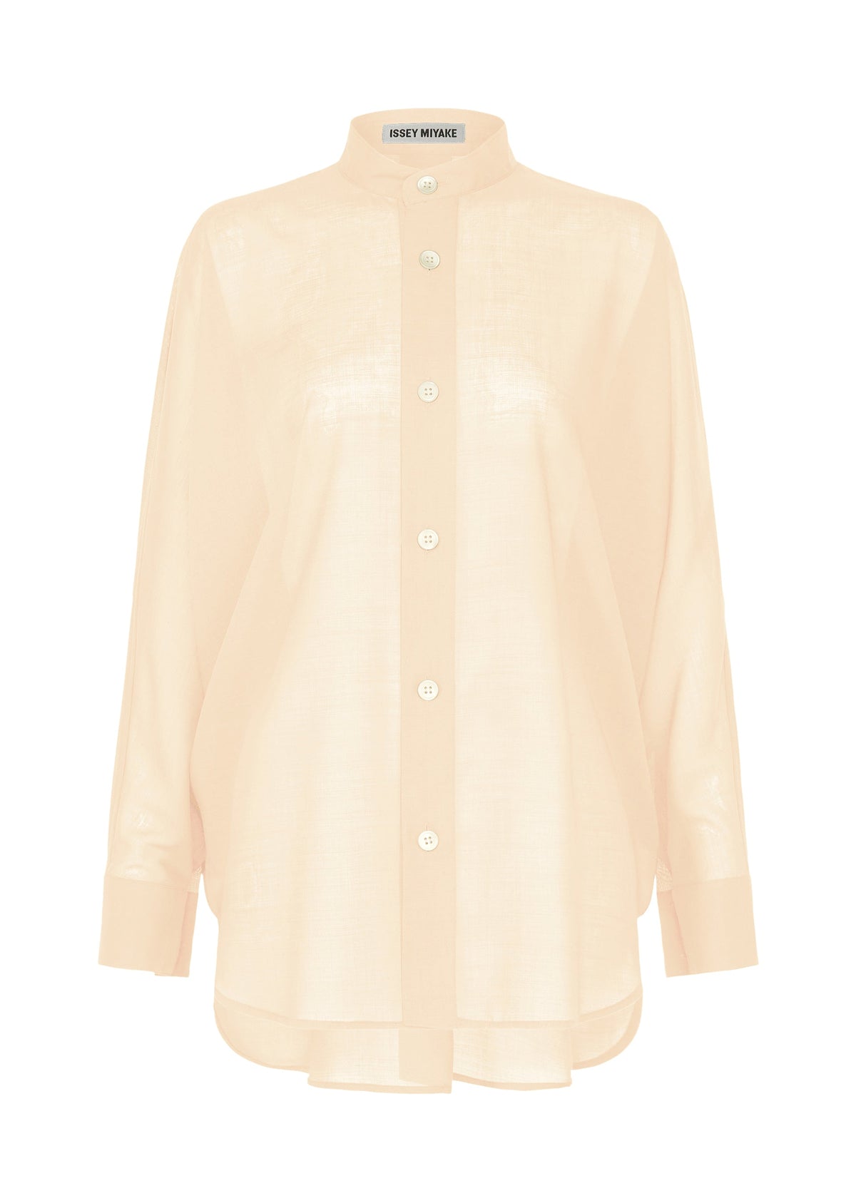 The SHEER WOOL shirt by ISSEY MIYAKE, featuring long sleeves, a stand collar, and white buttons in light peach, is shown on a plain white background. The brand label appears at the collar. view 1 of 8