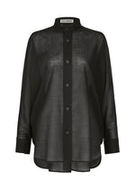 ISSEY MIYAKE’s SHEER WOOL is a sheer black button-up shirt with long sleeves, a mandarin collar, and a curved hem, finished with a visible ISSEY MIYAKE label at the collar for an iconic touch. - BLACK （no.15）