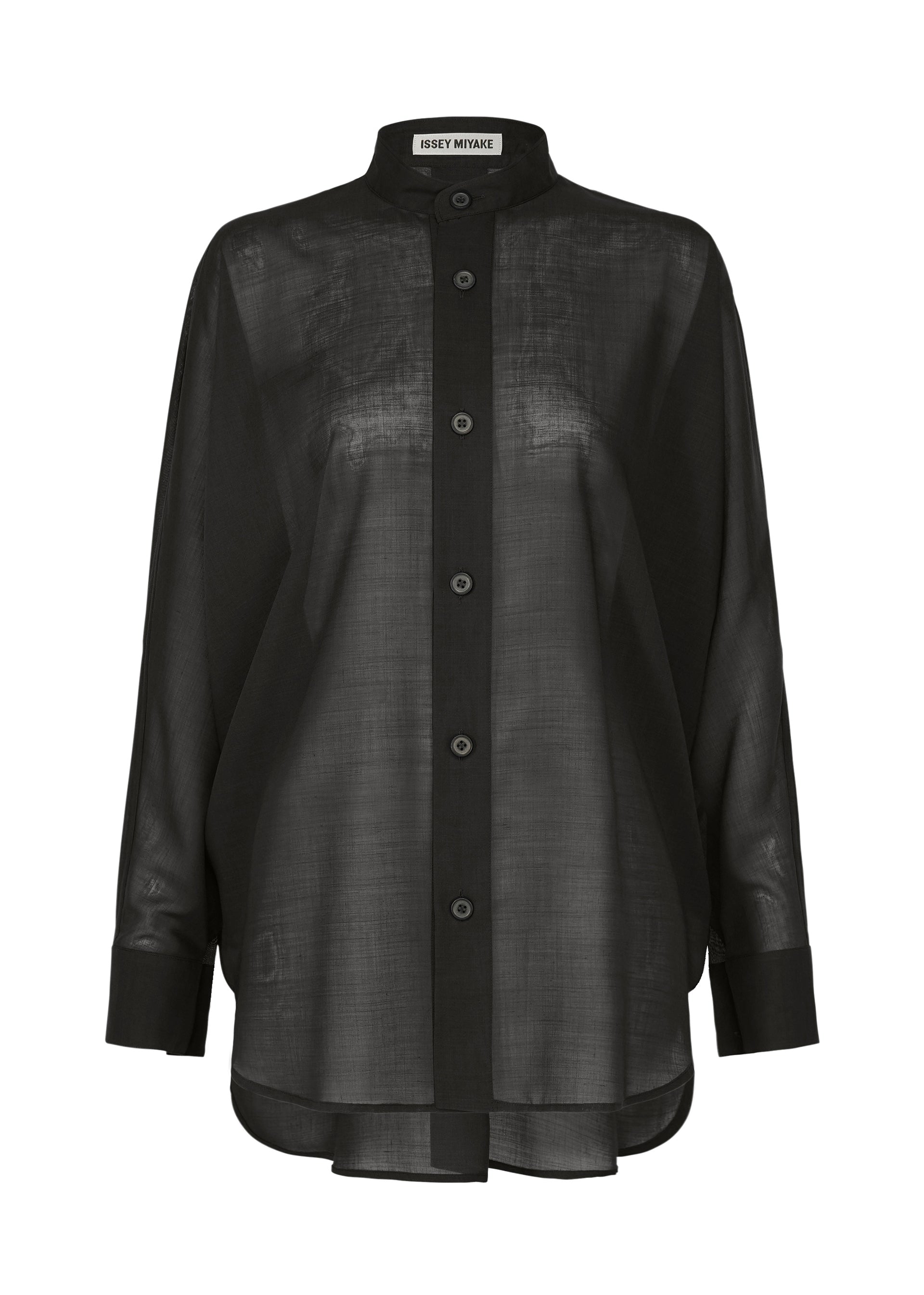 Zoomed view ISSEY MIYAKE’s SHEER WOOL is a sheer black button-up shirt with long sleeves, a mandarin collar, and a curved hem, finished with a visible ISSEY MIYAKE label at the collar for an iconic touch. - BLACK （no.15）