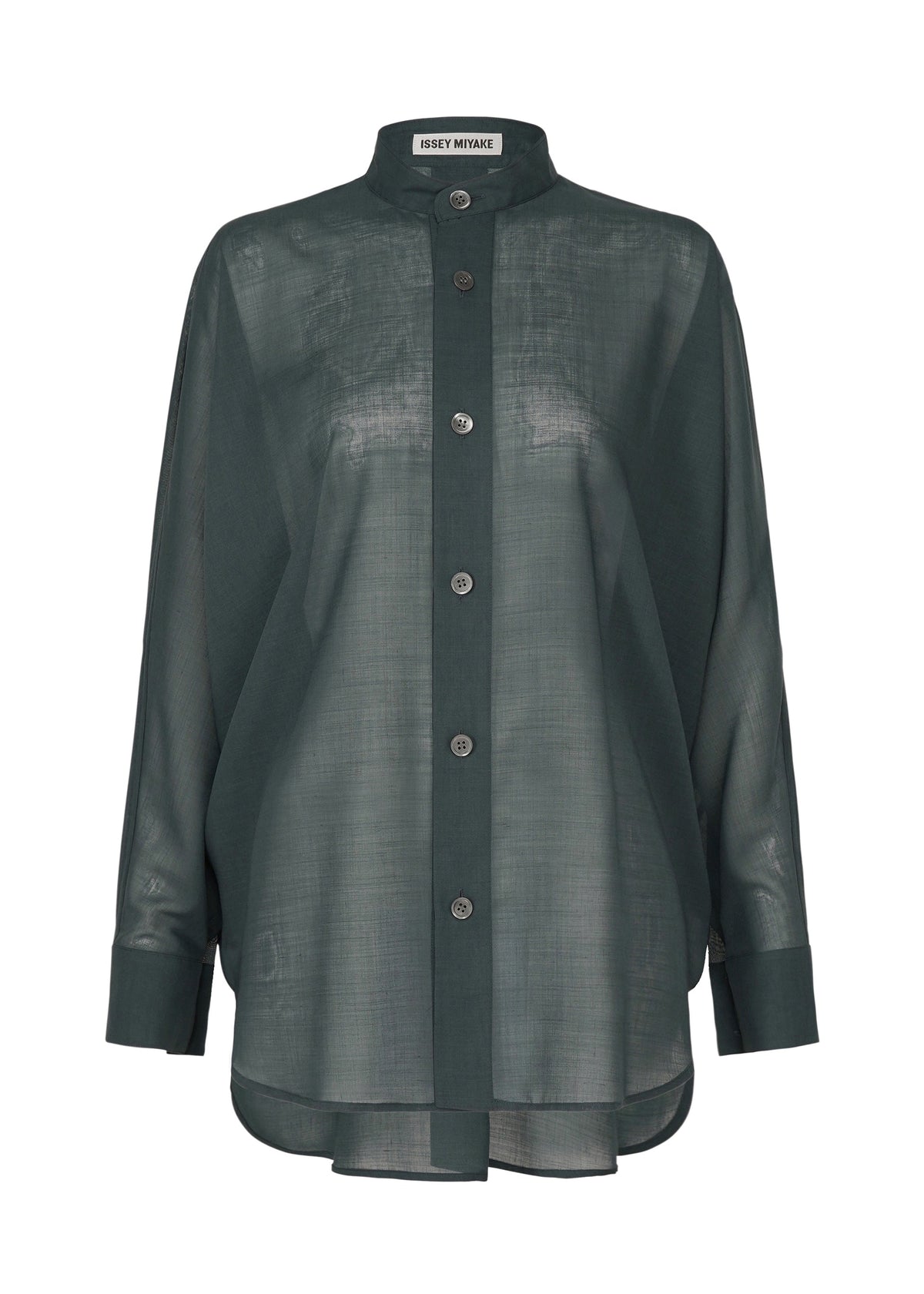 The SHEER WOOL by ISSEY MIYAKE is a dark green, sheer button-up shirt with long sleeves, a stand collar, loose fit, and elegant dolman-style lines. view 3 of 8