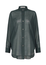 The SHEER WOOL by ISSEY MIYAKE is a dark green, sheer button-up shirt with long sleeves, a stand collar, loose fit, and elegant dolman-style lines. - DARK NAVY （no.78）