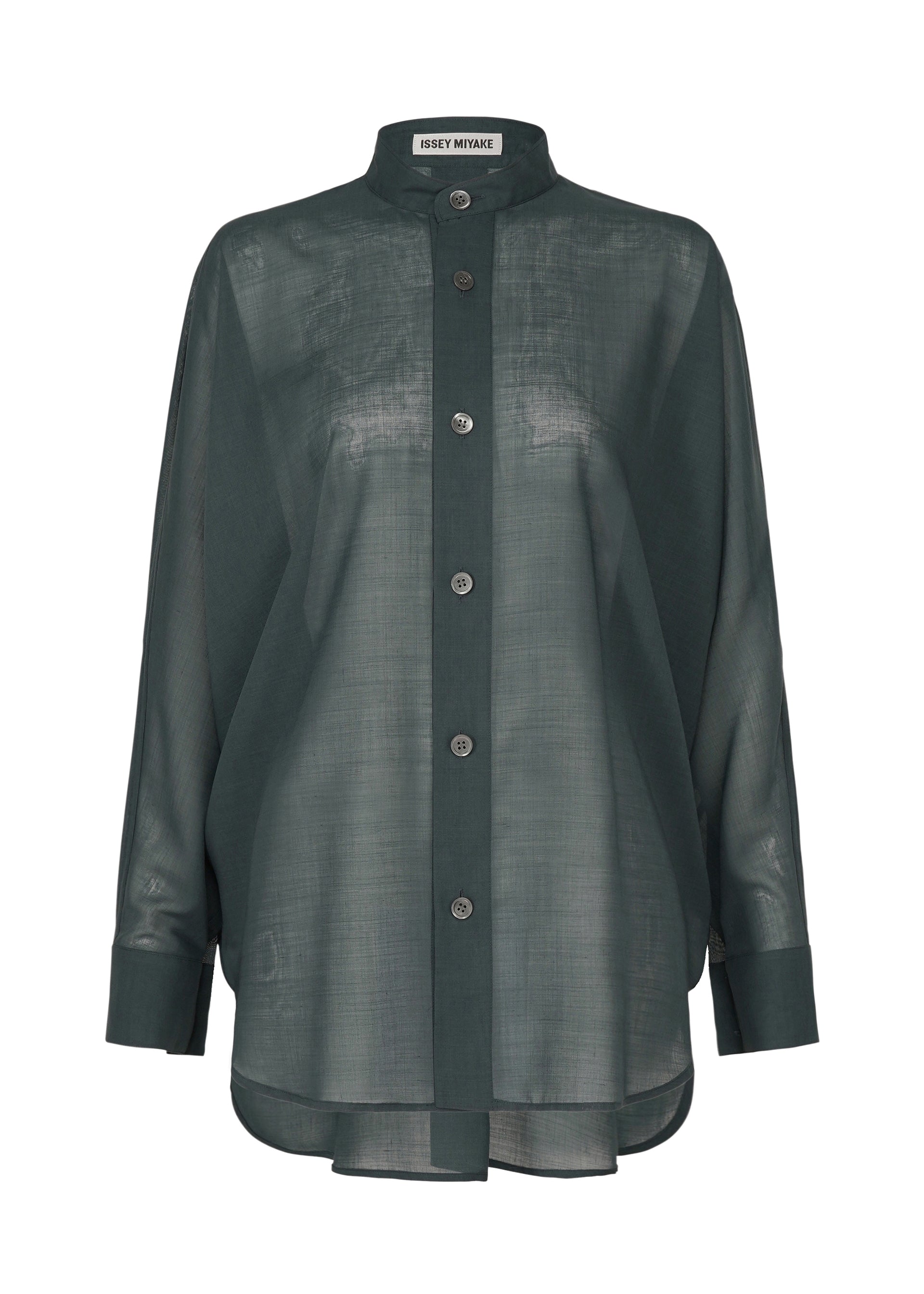 Zoomed view The SHEER WOOL by ISSEY MIYAKE is a dark green, sheer button-up shirt with long sleeves, a stand collar, loose fit, and elegant dolman-style lines. - DARK NAVY （no.78）