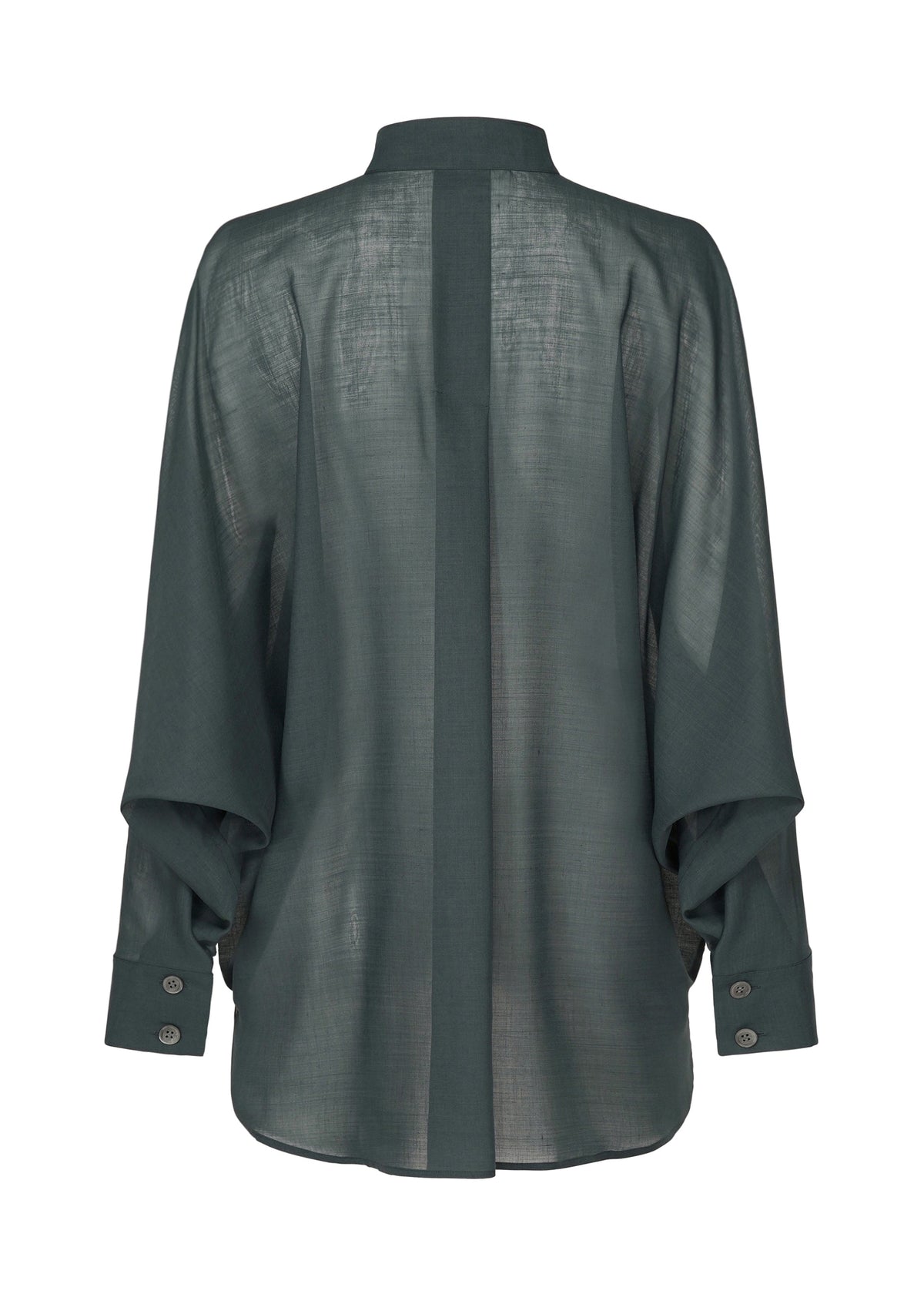 The SHEER WOOL by ISSEY MIYAKE is a dark green, long-sleeved sheer shirt with a stand collar, wide buttoned cuffs, and a central vertical seam seen from the back. view 4 of 8