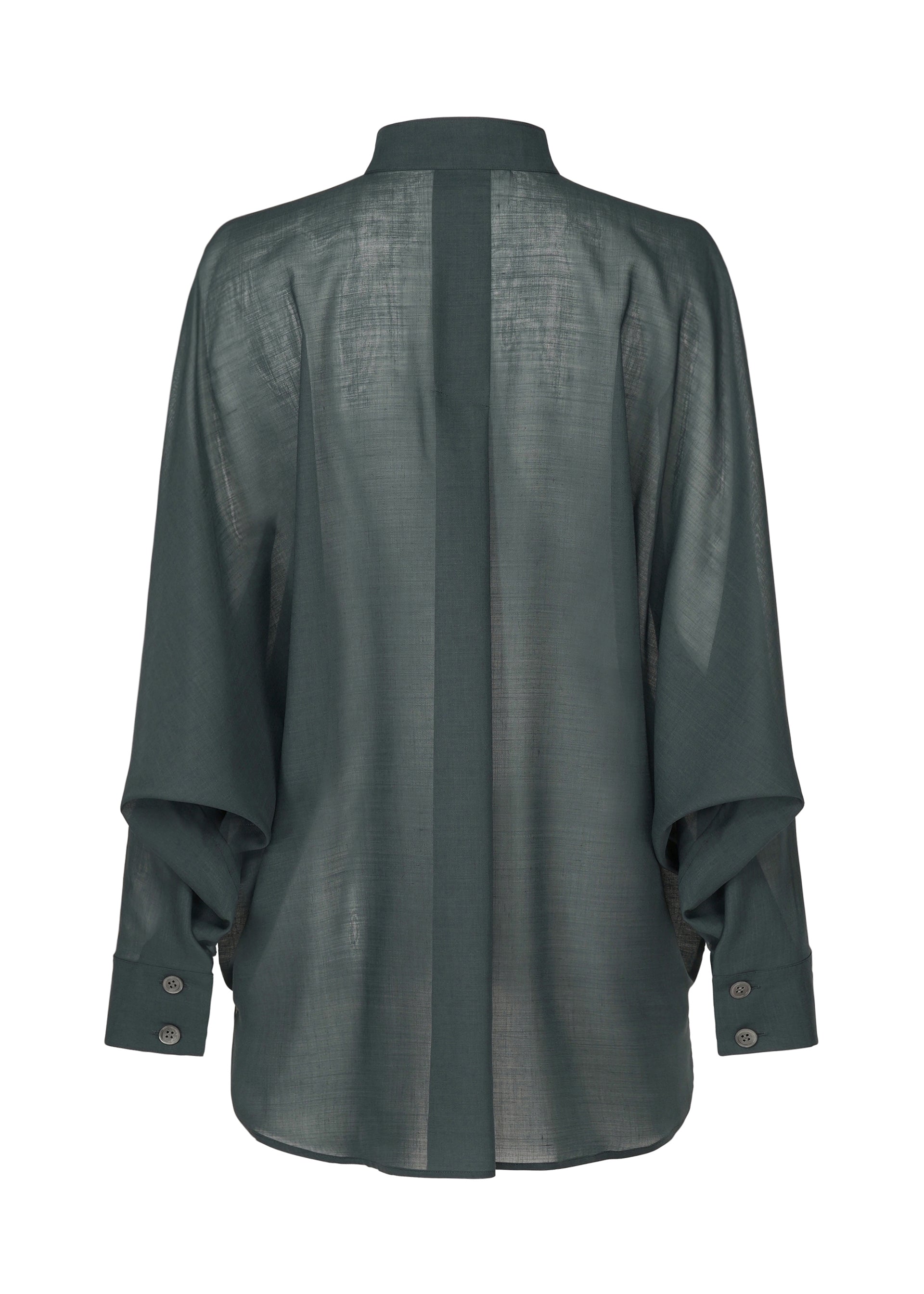 Zoomed view The SHEER WOOL by ISSEY MIYAKE is a dark green, long-sleeved sheer shirt with a stand collar, wide buttoned cuffs, and a central vertical seam seen from the back.