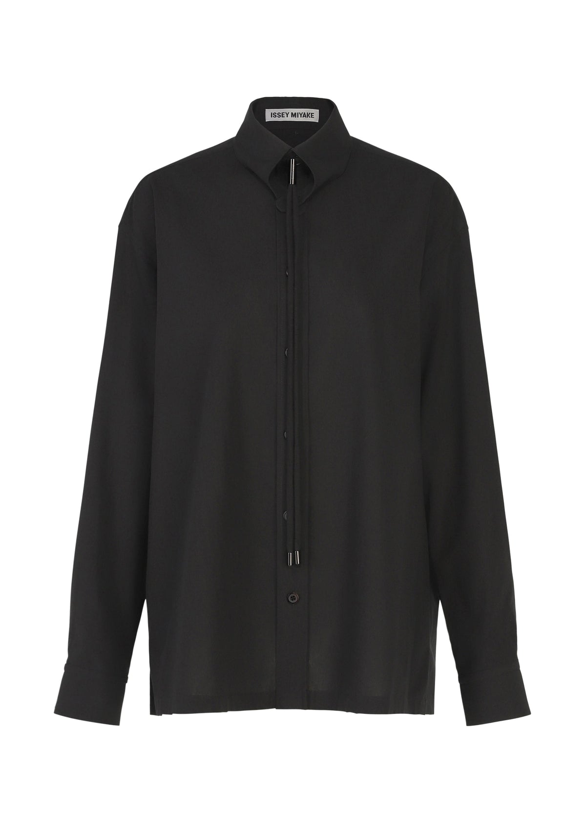 The MONSIEUR SHIRT by ISSEY MIYAKE is a long-sleeve, black shirt with a regular collar, featuring a button-up front and an elegant bolo tie detail at the neck. Crafted from high-twist cotton, it is showcased against a white background. view 2 of 9