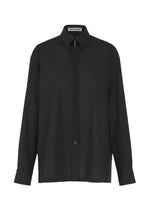 The MONSIEUR SHIRT by ISSEY MIYAKE is a long-sleeve, black shirt with a regular collar, featuring a button-up front and an elegant bolo tie detail at the neck. Crafted from high-twist cotton, it is showcased against a white background. - BLACK （no.15）