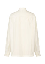 The MONSIEUR SHIRT by ISSEY MIYAKE is a crisp, structured white long-sleeve shirt, pictured from the back, featuring a regular collar and buttoned cuffs crafted from high-twist cotton.