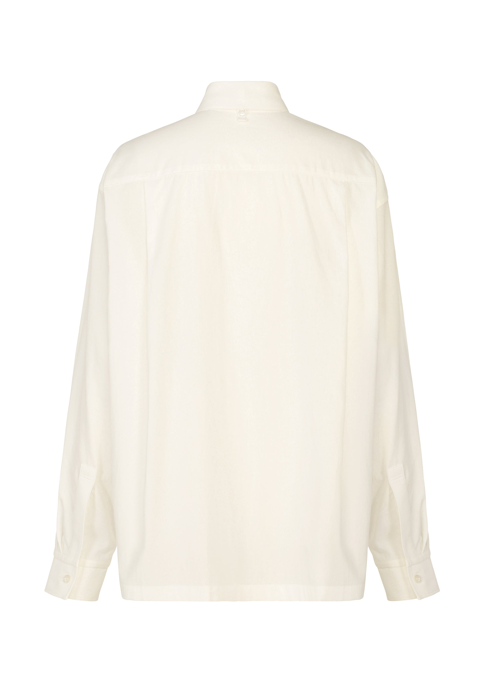 Zoomed view The MONSIEUR SHIRT by ISSEY MIYAKE is a crisp, structured white long-sleeve shirt, pictured from the back, featuring a regular collar and buttoned cuffs crafted from high-twist cotton.
