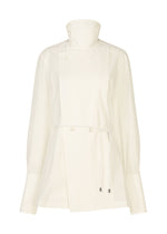 The MONSIEUR SHIRT by ISSEY MIYAKE is a white, long-sleeve blouse featuring a high collar, asymmetrical button closure, and drawstring waist. Inspired by the silhouette of a modern haori jacket, it showcases wide cuffs and a minimalist design. - WHITE （no.01）