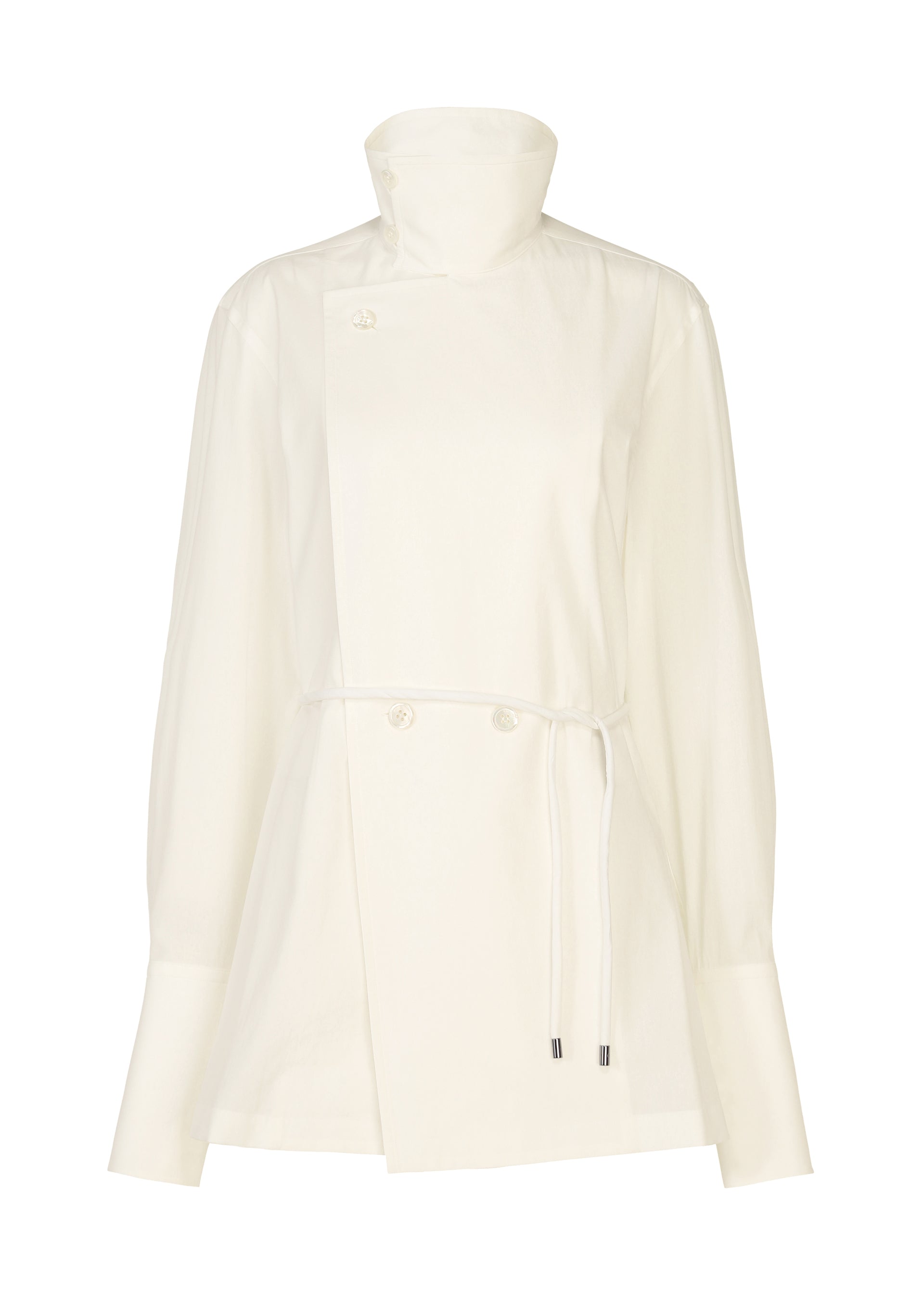 Zoomed view The MONSIEUR SHIRT by ISSEY MIYAKE is a white, long-sleeve blouse featuring a high collar, asymmetrical button closure, and drawstring waist. Inspired by the silhouette of a modern haori jacket, it showcases wide cuffs and a minimalist design. - WHITE （no.01）