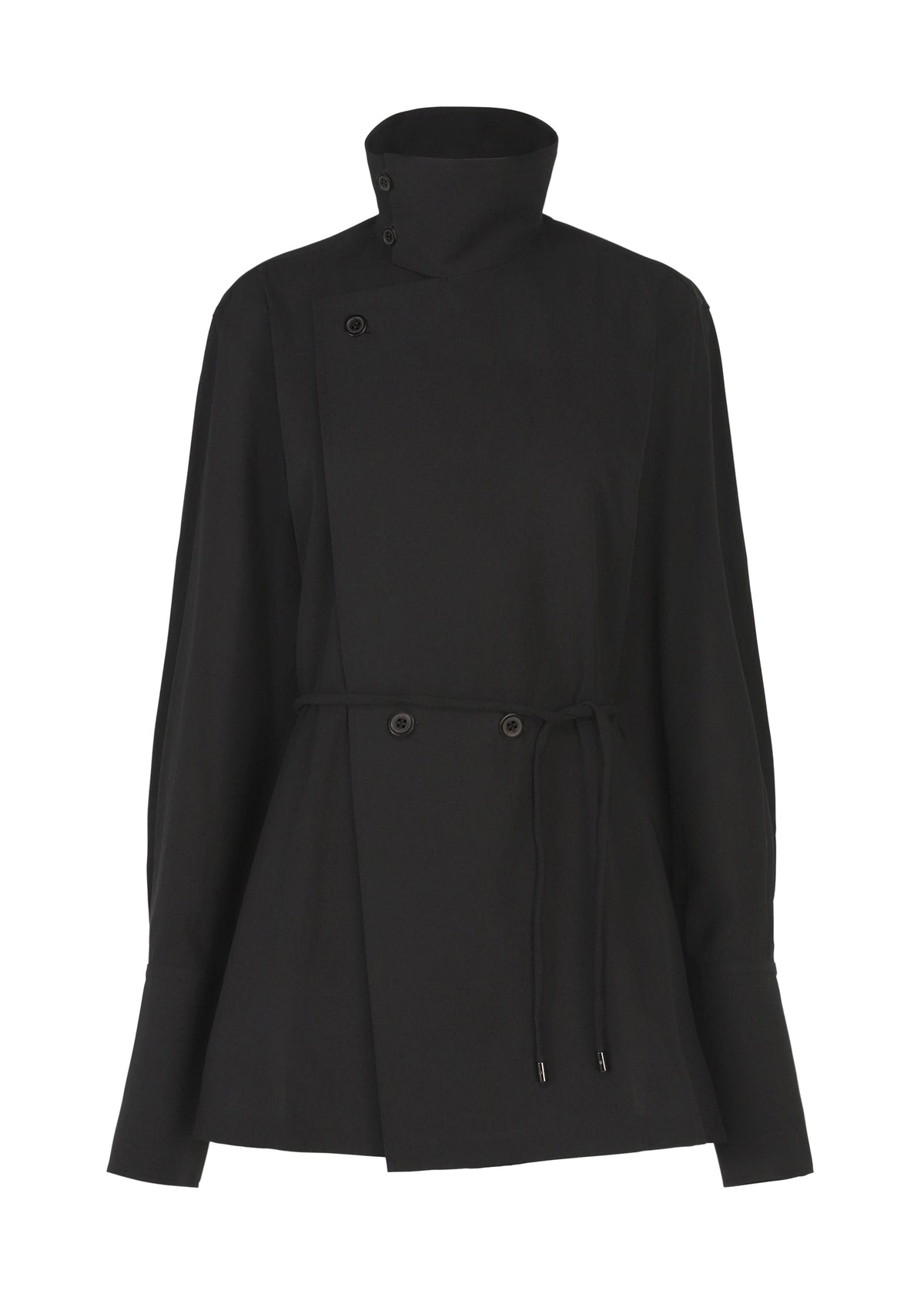 The MONSIEUR SHIRT by ISSEY MIYAKE is a black long-sleeve jacket featuring a high buttoned collar, asymmetrical front, and matching waist tie. Inspired by the traditional haori jacket, this piece boasts wide cuffs and a minimal, modern design. view 2 of 7