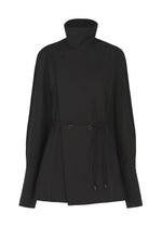 The MONSIEUR SHIRT by ISSEY MIYAKE is a black long-sleeve jacket featuring a high buttoned collar, asymmetrical front, and matching waist tie. Inspired by the traditional haori jacket, this piece boasts wide cuffs and a minimal, modern design. - BLACK （no.15）
