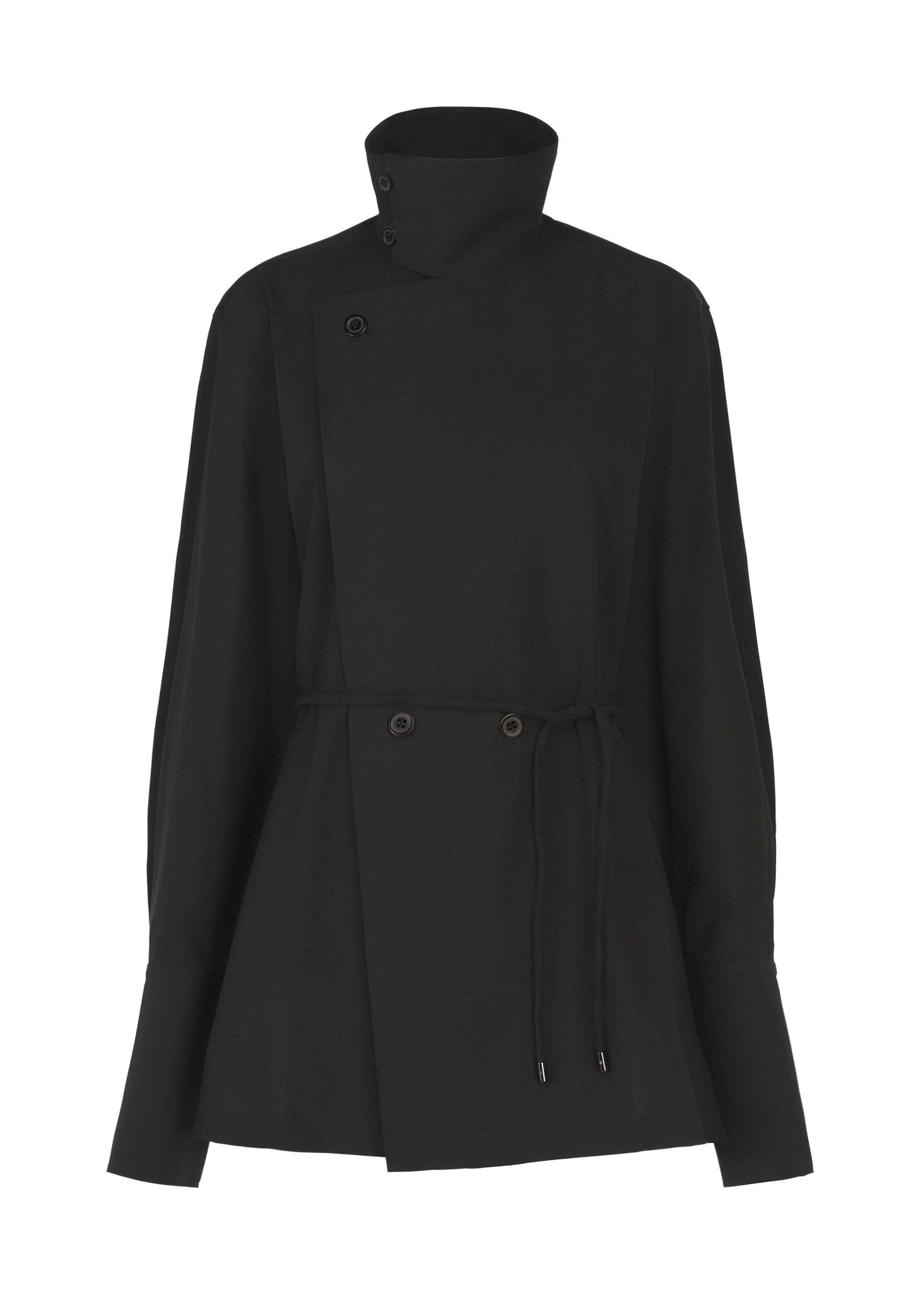 Zoomed view The MONSIEUR SHIRT by ISSEY MIYAKE is a black long-sleeve jacket featuring a high buttoned collar, asymmetrical front, and matching waist tie. Inspired by the traditional haori jacket, this piece boasts wide cuffs and a minimal, modern design. - BLACK （no.15）