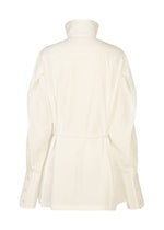 Back view of the MONSIEUR SHIRT by ISSEY MIYAKE—an off-white, long-sleeve button-up featuring a high collar, cinched waist, and wide cuffs with button detailing, echoing the refined tailoring of a classic haori jacket.