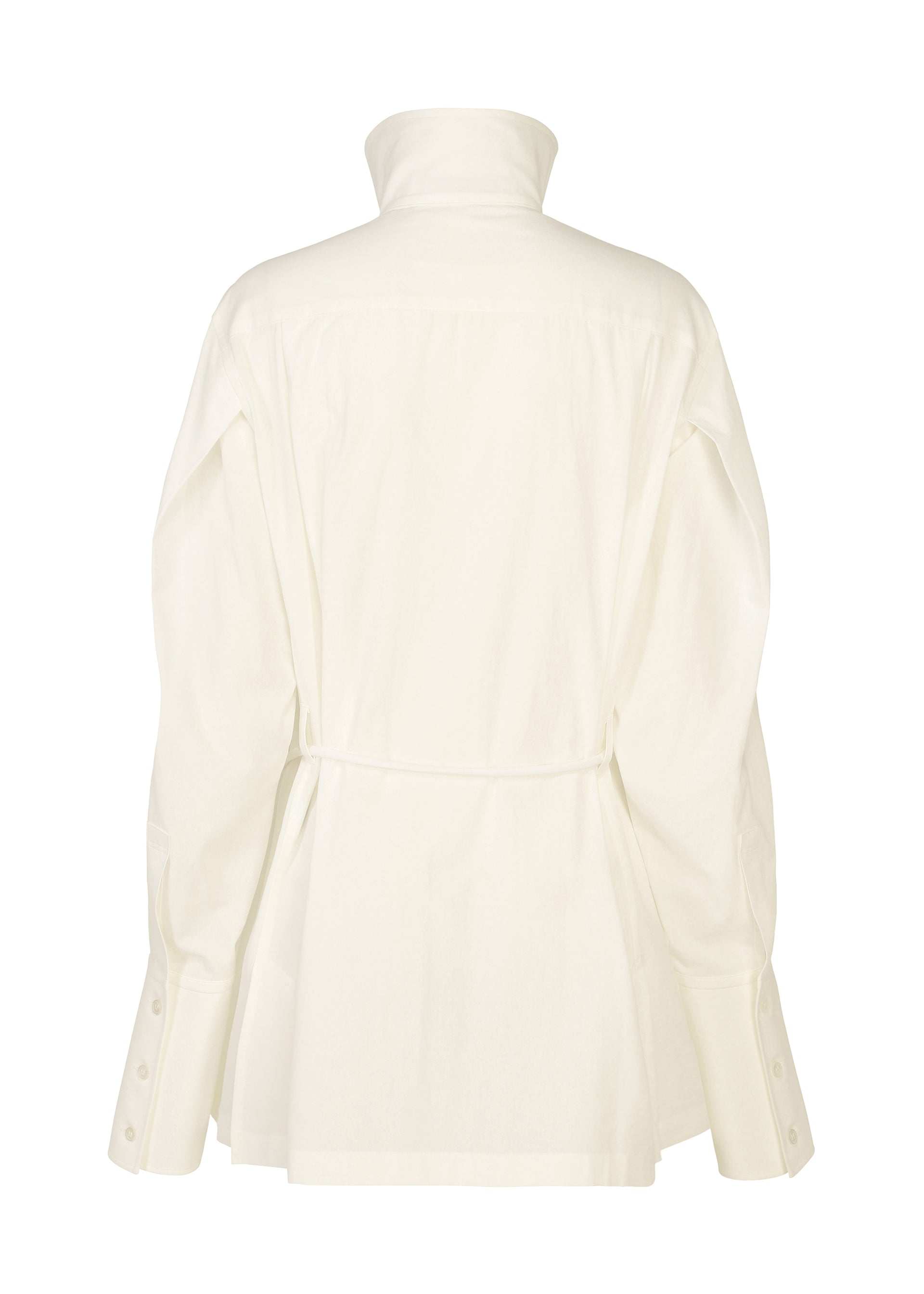 Zoomed view Back view of the MONSIEUR SHIRT by ISSEY MIYAKE—an off-white, long-sleeve button-up featuring a high collar, cinched waist, and wide cuffs with button detailing, echoing the refined tailoring of a classic haori jacket.