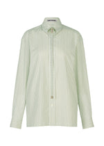 The MONSIEUR SHIRT (DOBBY STRIPE) by ISSEY MIYAKE features a light green cotton yarn-dyed fabric with thin, vertical white dobby stripes. This long-sleeved, button-up shirt includes a classic collar and a metallic-tipped bolo tie string detail at the neck, and is displayed against a white background.