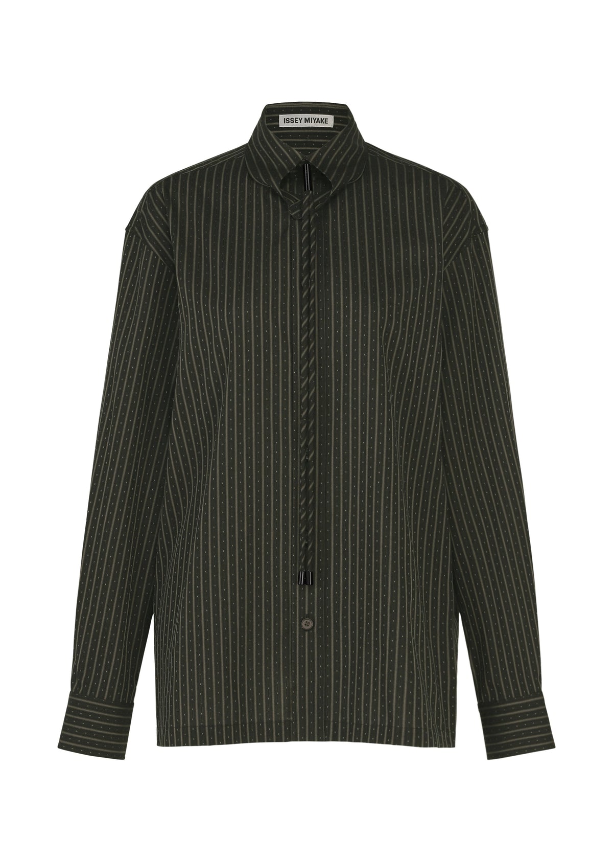 The MONSIEUR SHIRT (DOBBY STRIPE) by ISSEY MIYAKE features a dark green cotton yarn-dyed fabric with fine vertical white dobby stripes. It includes long sleeves, a collared neckline, button front closure, and a distinctive black drawstring at the neck reminiscent of a bolo tie. The ISSEY MIYAKE brand label is visible inside the collar. view 2 of 10