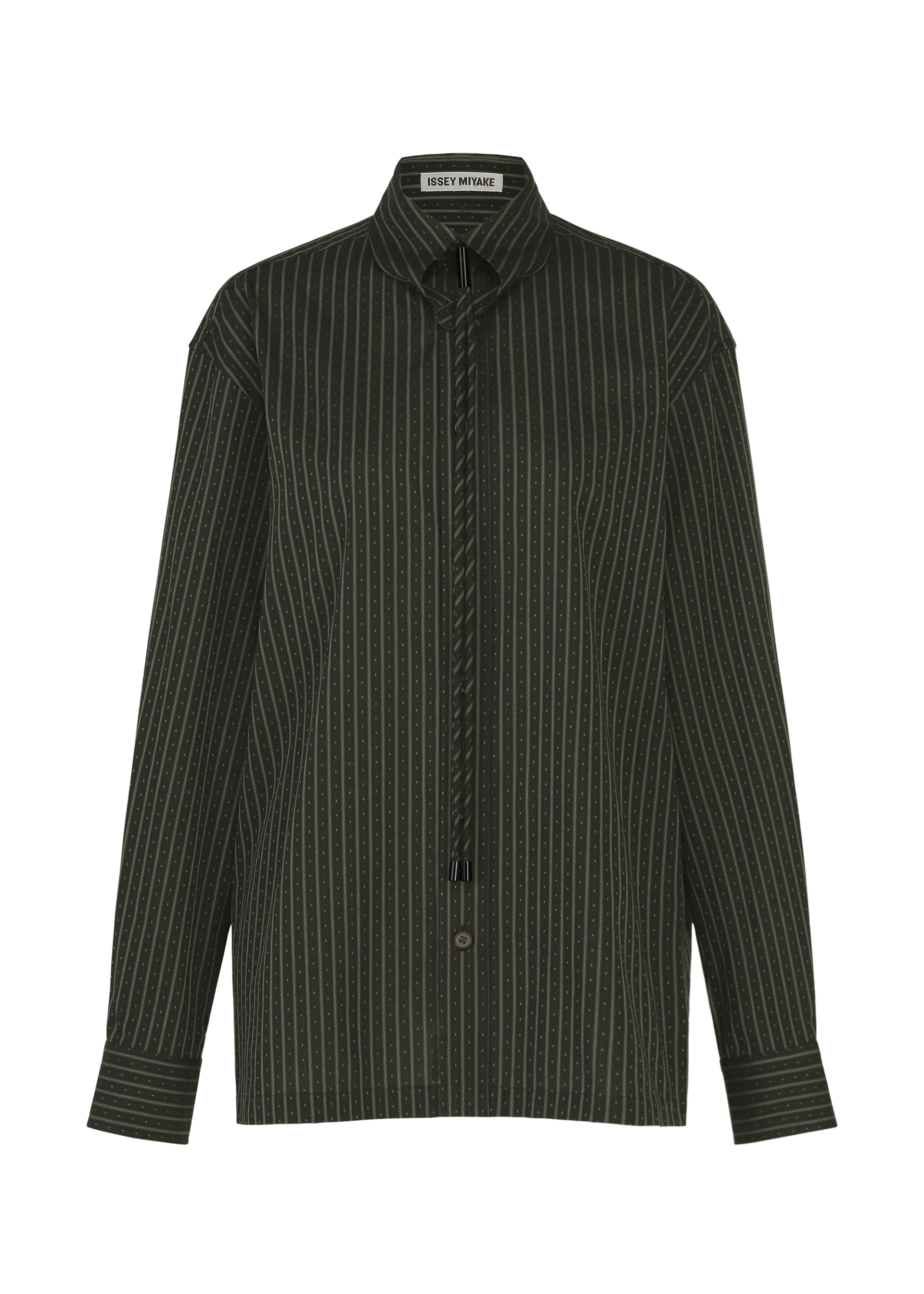 Zoomed view The MONSIEUR SHIRT (DOBBY STRIPE) by ISSEY MIYAKE features a dark green cotton yarn-dyed fabric with fine vertical white dobby stripes. It includes long sleeves, a collared neckline, button front closure, and a distinctive black drawstring at the neck reminiscent of a bolo tie. The ISSEY MIYAKE brand label is visible inside the collar. - BLACK-HUED （no.17）