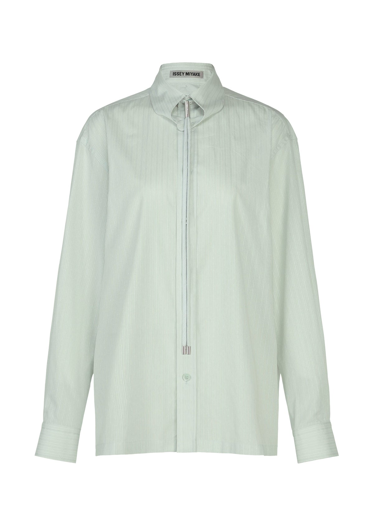 The MONSIEUR SHIRT (DOBBY STRIPE) by ISSEY MIYAKE is a light green long-sleeve button-up shirt crafted from cotton yarn-dyed fabric with thin vertical stripes in a dobby stripe pattern. It features a high collar, decorative strings at the neck reminiscent of a bolo tie, and an ISSEY MIYAKE label sewn inside the collar. view 3 of 10
