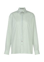 The MONSIEUR SHIRT (DOBBY STRIPE) by ISSEY MIYAKE is a light green long-sleeve button-up shirt crafted from cotton yarn-dyed fabric with thin vertical stripes in a dobby stripe pattern. It features a high collar, decorative strings at the neck reminiscent of a bolo tie, and an ISSEY MIYAKE label sewn inside the collar. - BLUE-HUED （no.76）