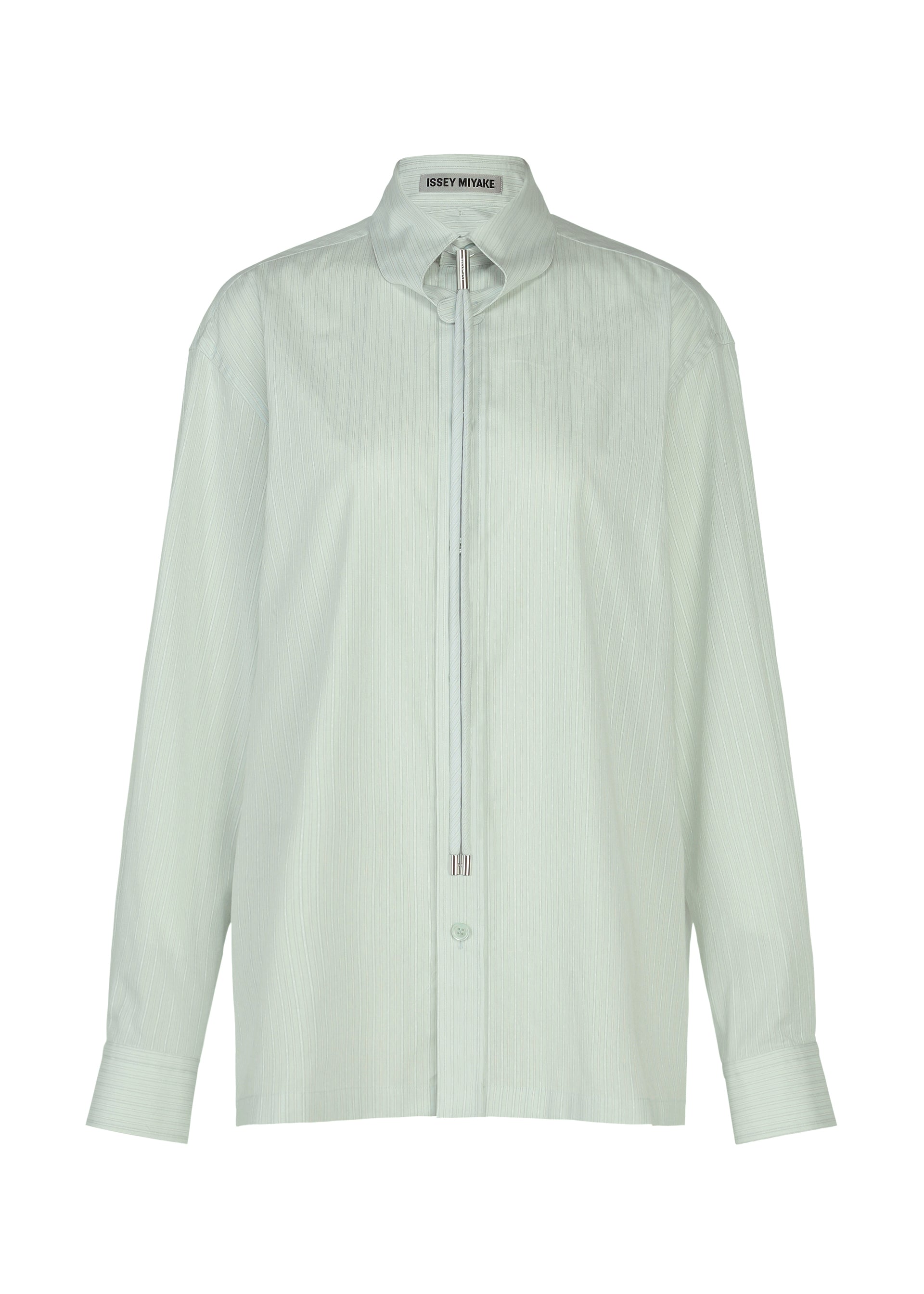 Zoomed view The MONSIEUR SHIRT (DOBBY STRIPE) by ISSEY MIYAKE is a light green long-sleeve button-up shirt crafted from cotton yarn-dyed fabric with thin vertical stripes in a dobby stripe pattern. It features a high collar, decorative strings at the neck reminiscent of a bolo tie, and an ISSEY MIYAKE label sewn inside the collar. - BLUE-HUED （no.76）