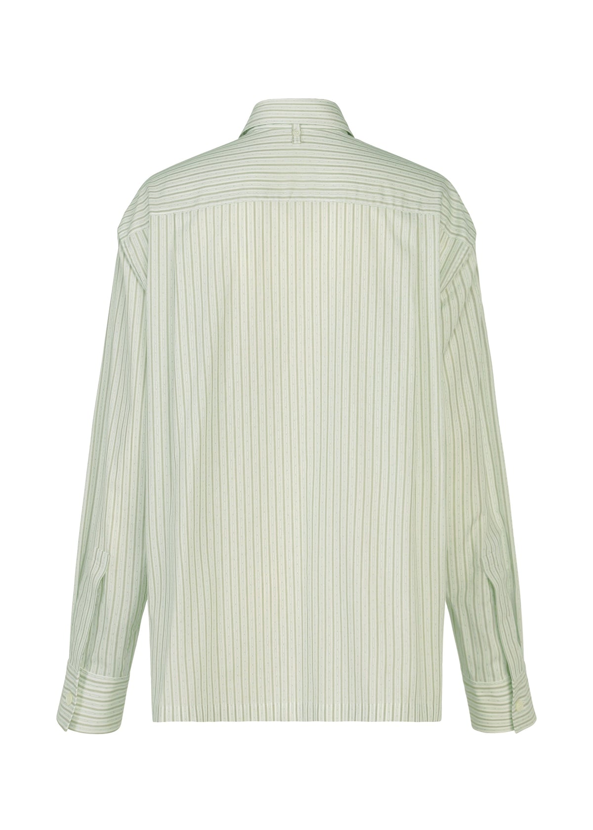 Back view of the ISSEY MIYAKE MONSIEUR SHIRT (DOBBY STRIPE), a long-sleeved button-up crafted from cotton yarn-dyed fabric in light green with vertical white and green pinstripes, featuring a collar and cuffs. view 4 of 10