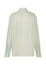 Back view of the ISSEY MIYAKE MONSIEUR SHIRT (DOBBY STRIPE), a long-sleeved button-up crafted from cotton yarn-dyed fabric in light green with vertical white and green pinstripes, featuring a collar and cuffs.